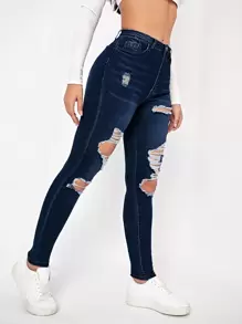 SHEIN Essnce Cut Out Ripped Frayed Skinny Jeans Ripped Jeans - Dark Wash - View 5