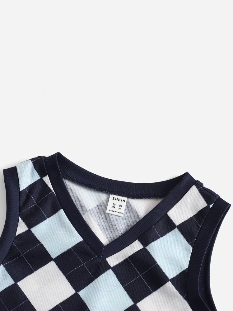 SHEIN Leap Crew Camiseta Sin Mangas Con Cuello En V Para Niña En Estampado Argyle - Multicolor - Añade 3