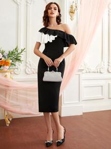 SHEIN Privé Asymmetrical Neck Ruffle Detail Slit Hem Colorblock Dress - Black - View 1