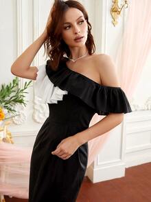 SHEIN Privé Asymmetrical Neck Ruffle Detail Slit Hem Colorblock Dress - Black - View 5