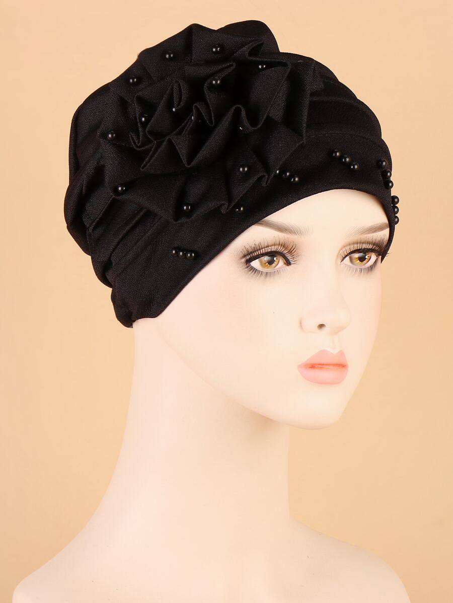 Faux Pearl Decor Head Wrap Bonnet Hair Bonnet Turban Sleep Bonnet - Black - View 1