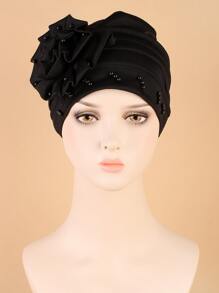 Faux Pearl Decor Head Wrap Bonnet Hair Bonnet Turban Sleep Bonnet - Black - View 4