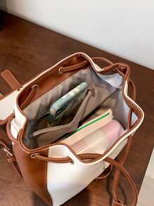 極簡風格抽繩設計翻蓋背包 - 白色 - 查看 6