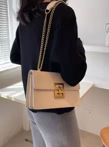 轻巧、商务休闲简约链条翻盖方形包，适合少女、女大学生、新秀和白领人士，非常适合办公室、大学、工作、商务、通勤、户外、旅行、郊游，时尚商务休闲包，适合女性，非常适合办公室、商务和工作 - 米色 - 查看 2