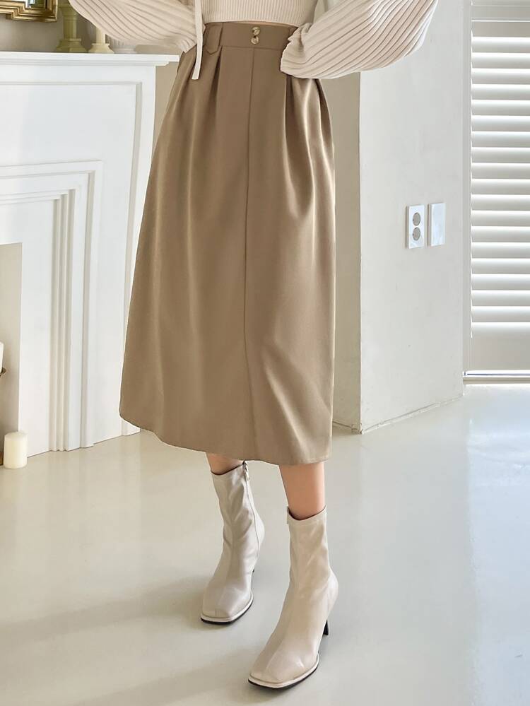 High Waist Plicated Detail Fake Button Skirt