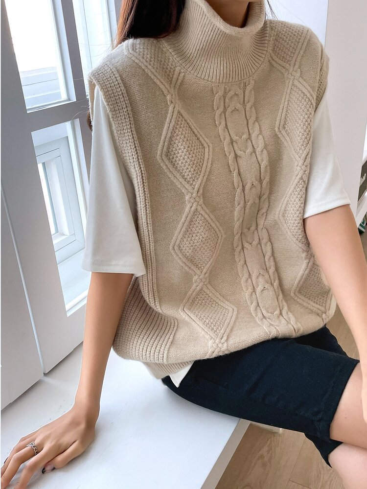 DAZY Cable Knit High Neck Sweater Vest Without Tee,Fall Clothes - Apricot - View 3