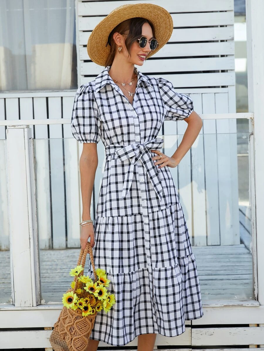 Đầm Thắt lưng Viên lá sen Nút phía trước Sọc ca rô Boho - Đen và trắng - Xem 1