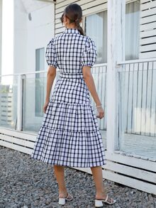 Đầm Thắt lưng Viên lá sen Nút phía trước Sọc ca rô Boho - Đen và trắng - Xem 2