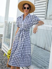 Đầm Thắt lưng Viên lá sen Nút phía trước Sọc ca rô Boho - Đen và trắng - Xem 3