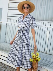 Đầm Thắt lưng Viên lá sen Nút phía trước Sọc ca rô Boho - Đen và trắng - Xem 4