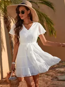 SHEIN Holidaya Swiss Dot Belted Ruffle Hem Dress