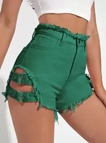 Raw Hem Strap Detail Denim Shorts - Green - View 1