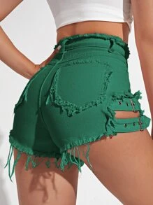 Raw Hem Strap Detail Denim Shorts - Green - View 2