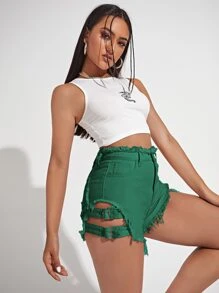 Raw Hem Strap Detail Denim Shorts - Green - View 3