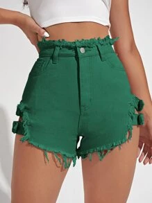 Raw Hem Strap Detail Denim Shorts - Green - View 4