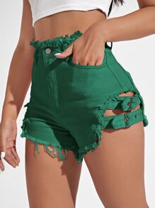 Raw Hem Strap Detail Denim Shorts - Green - View 5