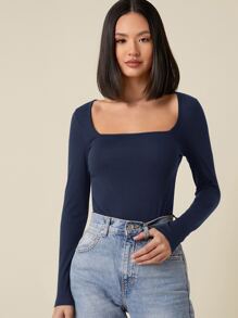 SHEIN BASICS Square Neck Form Fitted Tee - Navy Blue - View 3
