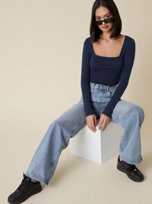 SHEIN BASICS Square Neck Form Fitted Tee - Navy Blue - View 4
