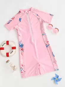 女孩植物印花前拉鍊連體泳衣 - 淺粉色 - 查看 1