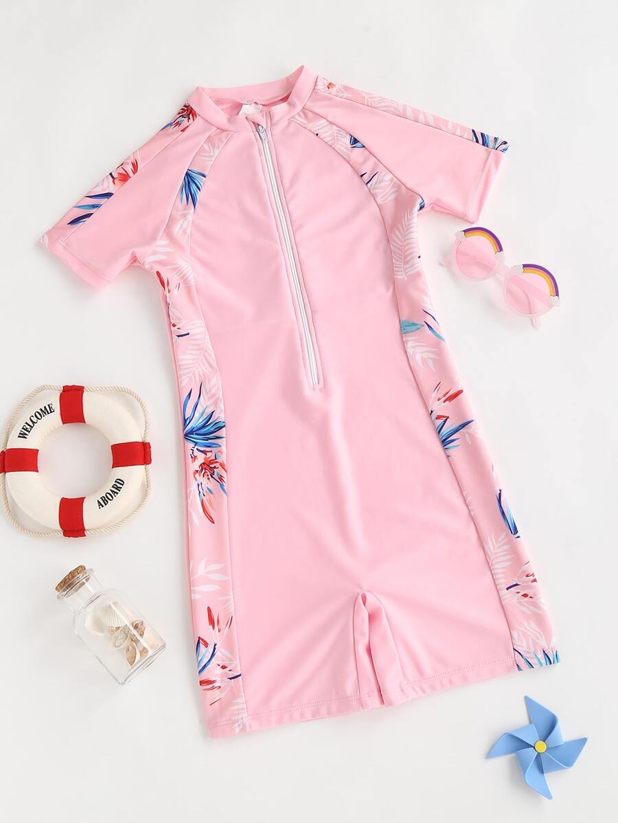 女孩植物印花前拉鍊連體泳衣 - 淺粉色 - 查看 1