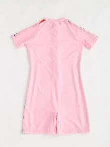 女孩植物印花前拉鍊連體泳衣 - 淺粉色 - 查看 2