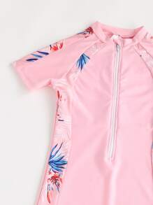 女孩植物印花前拉鍊連體泳衣 - 淺粉色 - 查看 3