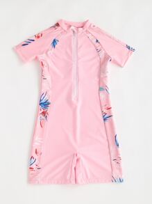 女孩植物印花前拉鍊連體泳衣 - 淺粉色 - 查看 5