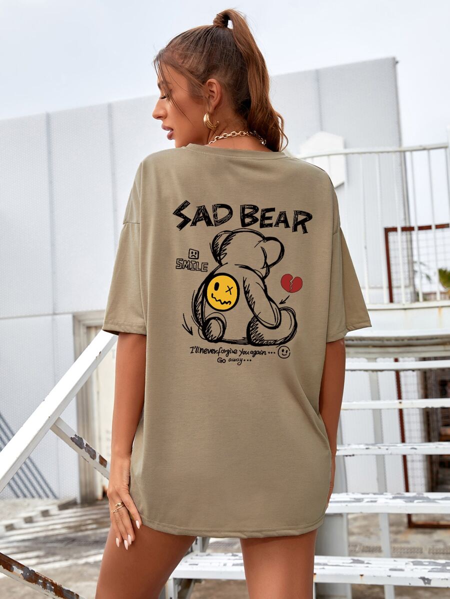 SHEIN EZwear Bear & Slogan Graphic Oversized Tee - Khaki - View 1