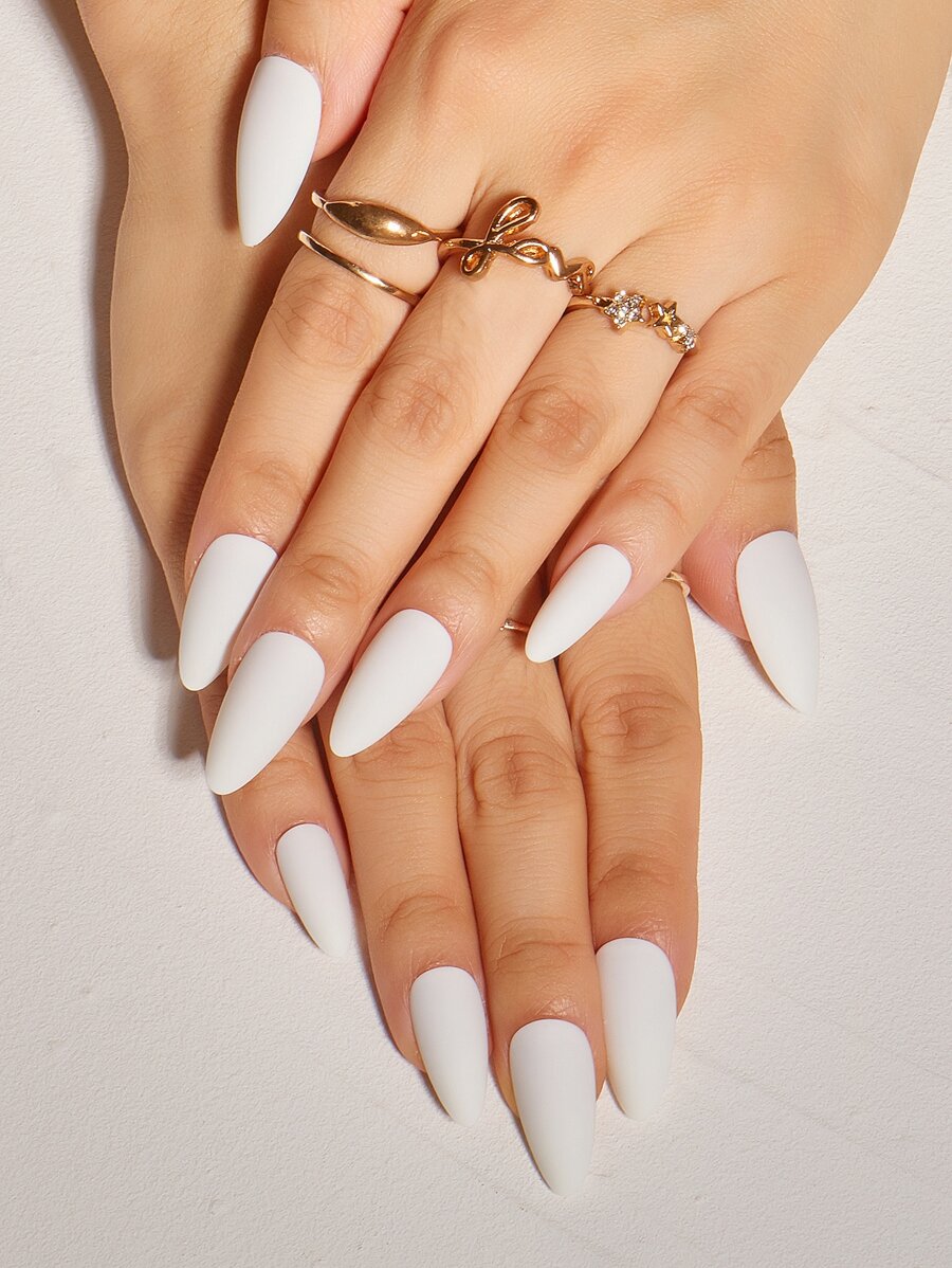 24Pcs Classic Solid Color Matte Pointed False Nails With Jelly Glue And Nail File For Casual Wear, Parties, Dancing And Daily Life Press On Nails Nail Supplies Nails - White - View 1