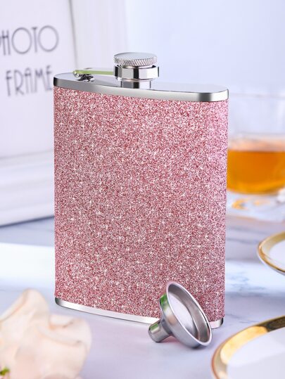 1pc 240ml Shiny Pink Alcohol Flask 8oz Stainless Steel Hip Flask With Gorgeous Coating Bottle, Rhinestone Water Bottle For Bar, Barbecue, Travel