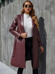 Áo khoác ngoài nữ Thắt lưng màu trơn Thanh lịch - Màu Đỏ Sâu - Xem 1