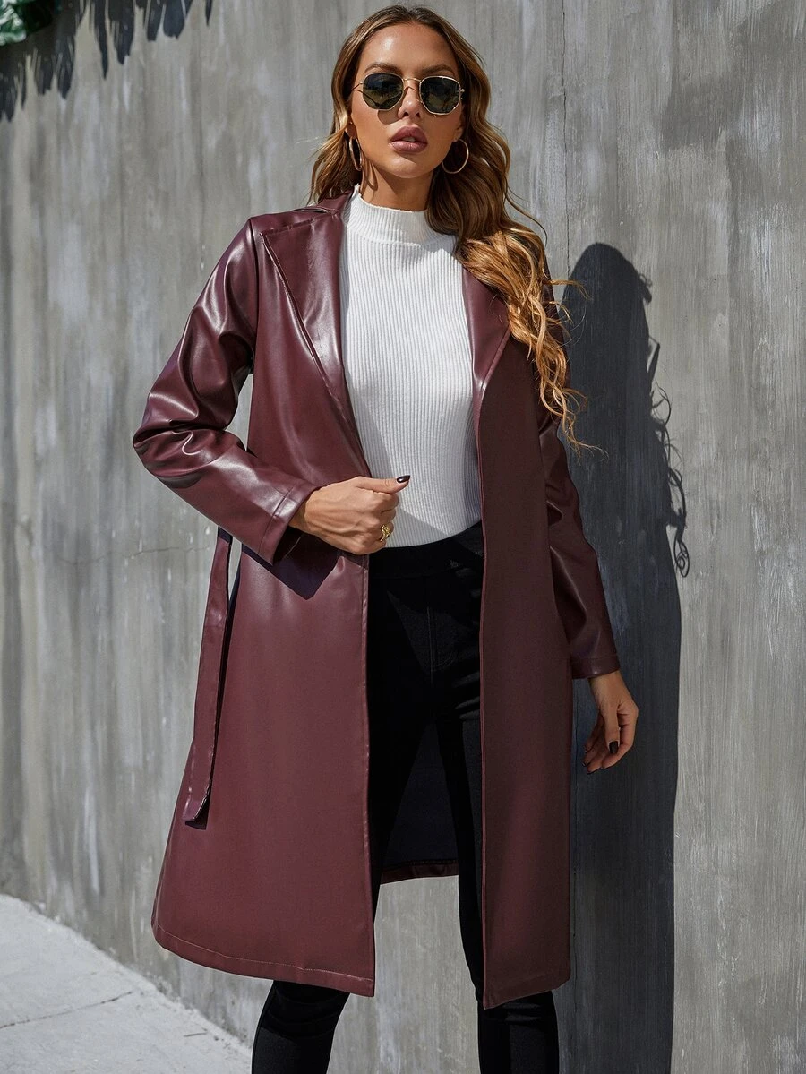 Áo khoác ngoài nữ Thắt lưng màu trơn Thanh lịch - Màu Đỏ Sâu - Xem 1