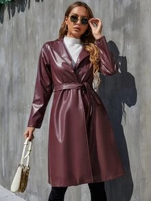 Áo khoác ngoài nữ Thắt lưng màu trơn Thanh lịch - Màu Đỏ Sâu - Xem 3