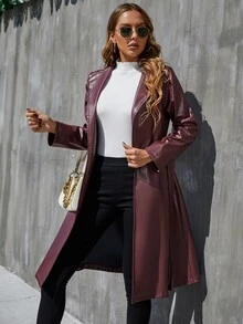 Áo khoác ngoài nữ Thắt lưng màu trơn Thanh lịch - Màu Đỏ Sâu - Xem 5