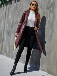 Áo khoác ngoài nữ Thắt lưng màu trơn Thanh lịch - Màu Đỏ Sâu - Xem 6