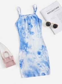 SHEIN Teen Girls Buttoned Front Tie Dye Slip Dress - Blue and White - View 1