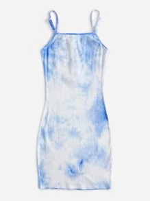 SHEIN Teen Girls Buttoned Front Tie Dye Slip Dress - Blue and White - View 2