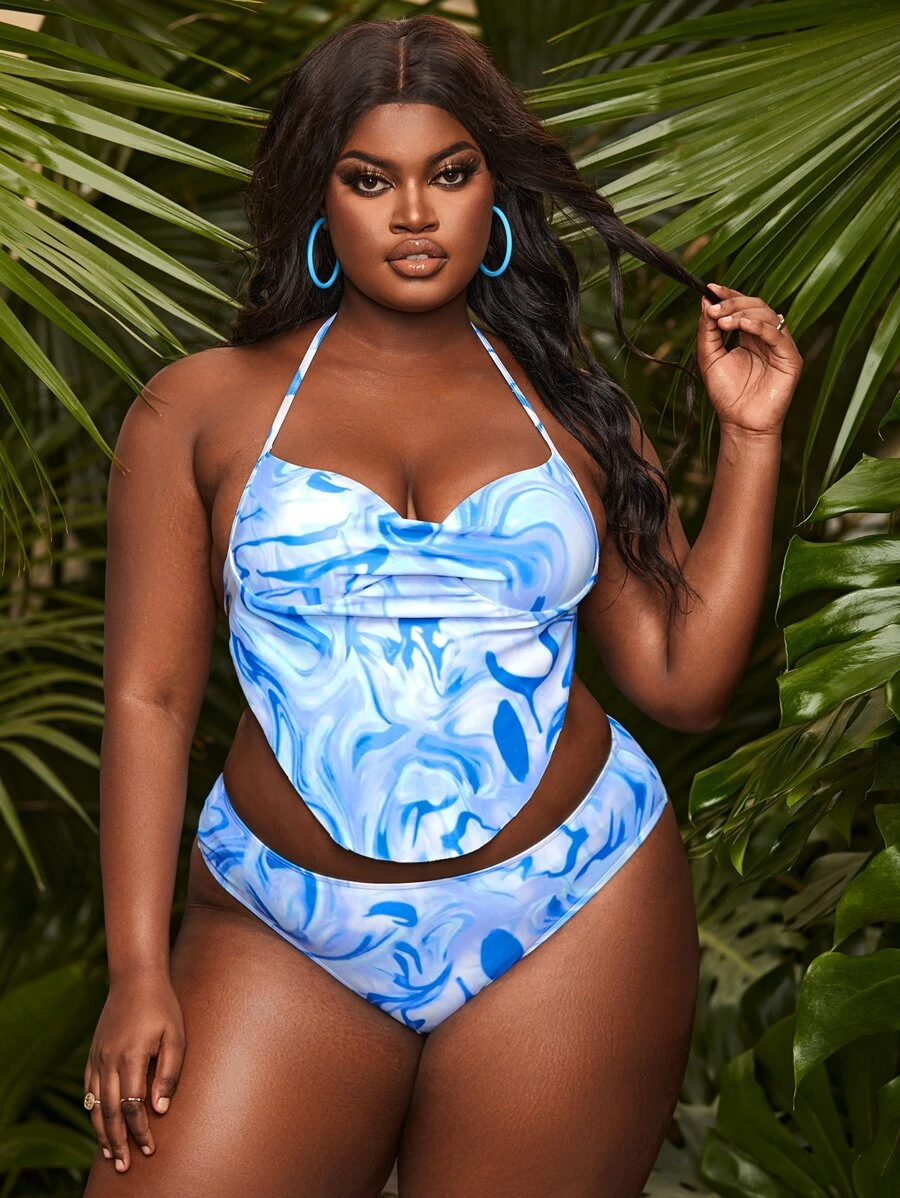 Plus Size Fluid Pattern Hanky Hem Halter Bikini Set Summer Beach - Blue - View 1