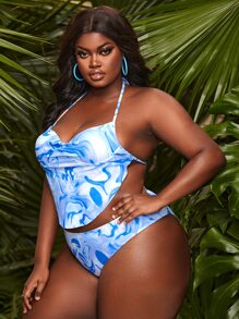 Plus Size Fluid Pattern Hanky Hem Halter Bikini Set Summer Beach - Blue - View 4