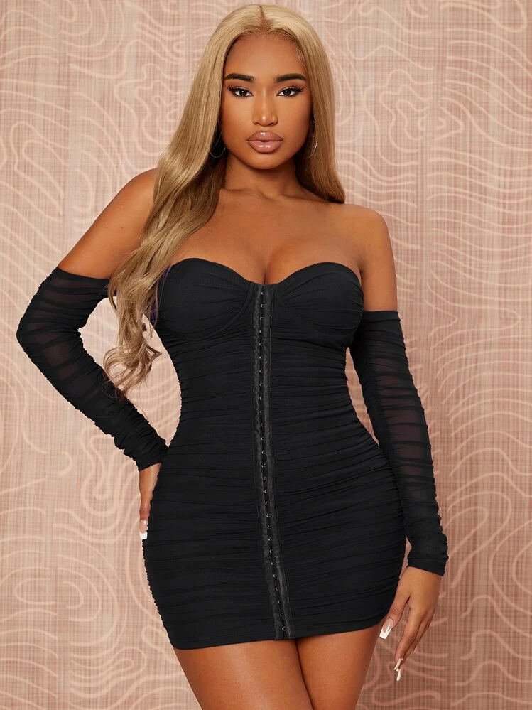 princess polly baby blue dress SHEIN SXY Off Shoulder Hook And Eye Ruched Mesh Bodycon Dress