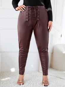 Pantalones ajustados PU de cintura con cordón - Granate - Ver 1