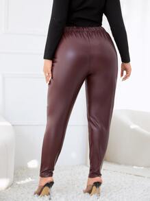 Pantalones ajustados PU de cintura con cordón - Granate - Ver 2