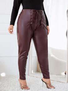 Pantalones ajustados PU de cintura con cordón - Granate - Ver 3