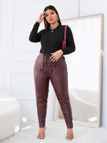 Pantalones ajustados PU de cintura con cordón - Granate - Ver 4