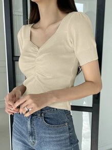 DAZY Áo len cổ lọ xếp nếp phía trước - Màu be - Xem 1