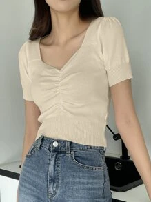 DAZY Áo len cổ lọ xếp nếp phía trước - Màu be - Xem 2