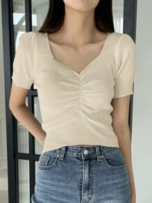 DAZY Áo len cổ lọ xếp nếp phía trước - Màu be - Xem 3