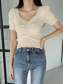 DAZY Áo len cổ lọ xếp nếp phía trước - Màu be - Xem 4