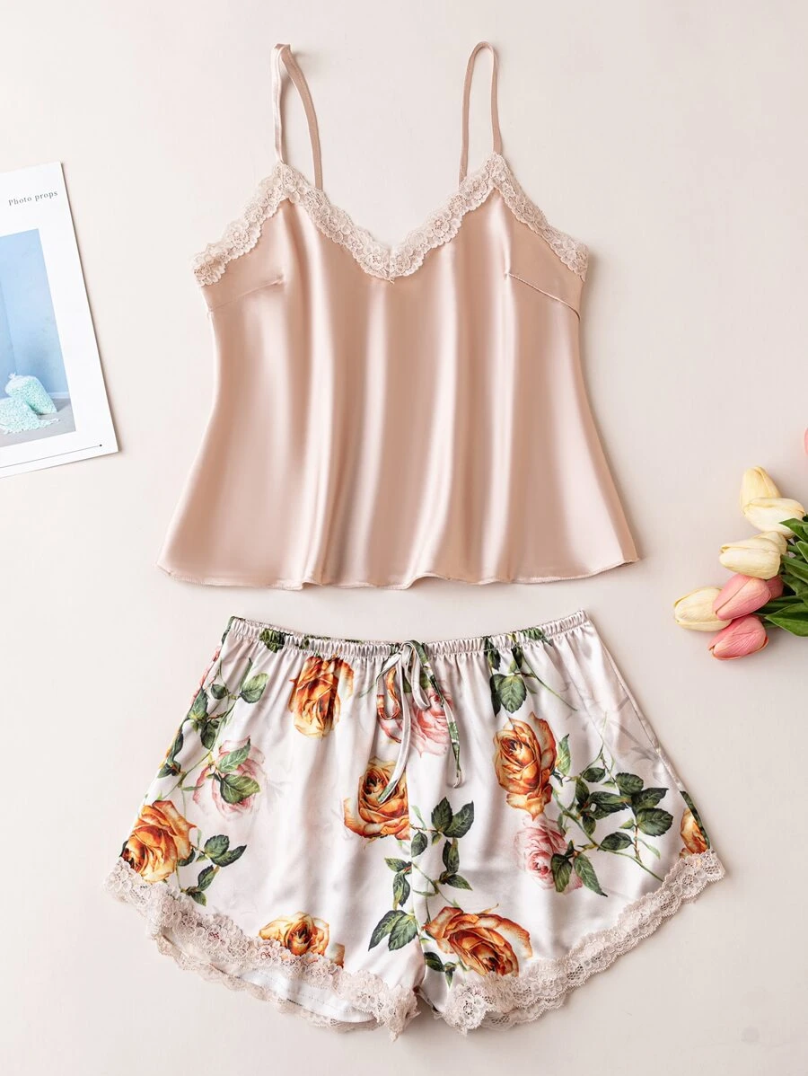 蕾絲邊緞面吊帶上衣和花卉圖案短褲睡衣套裝 - 彩色 - 查看 1