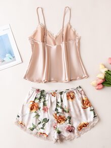 蕾絲邊緞面吊帶上衣和花卉圖案短褲睡衣套裝 - 彩色 - 查看 2